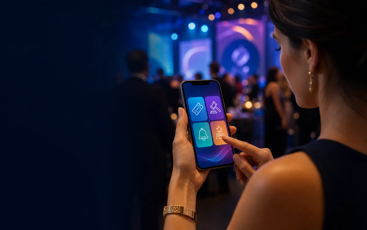 An attendee using the VenueFuze app on a phone at an evening gala, showing tickets, auction, and updates