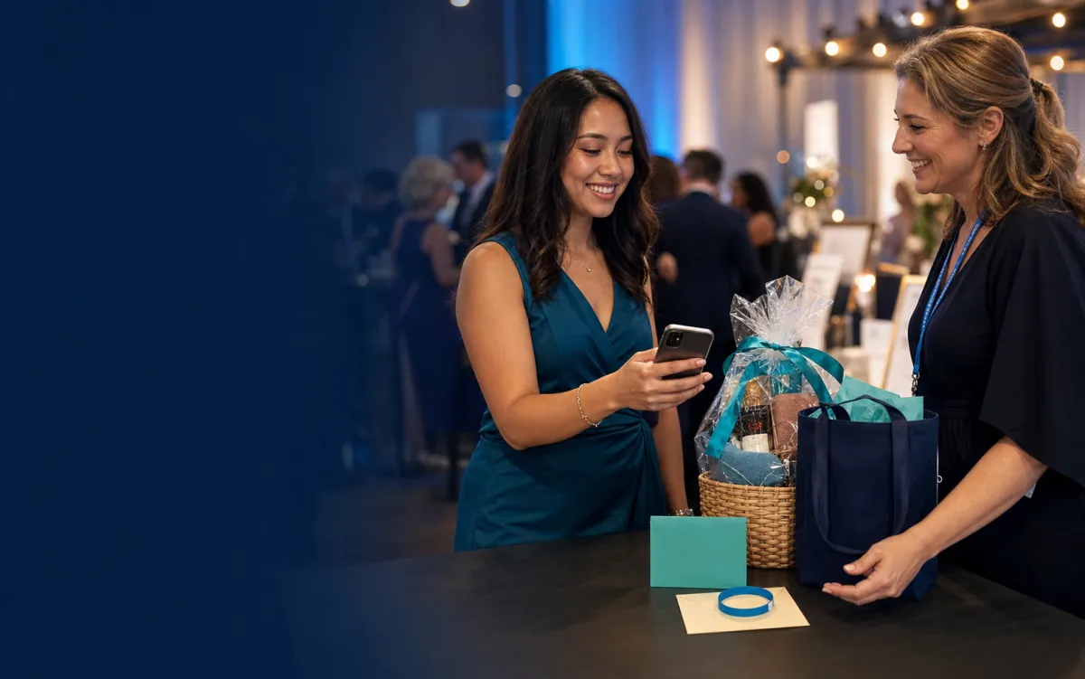 A guest paying on her phone at an event checkout counter while a staffer hands over a prize basket