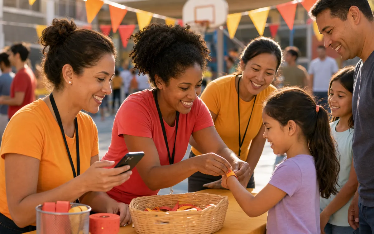 Volunteers in matching shirts checking children in at an outdoor school PTA fundraiser