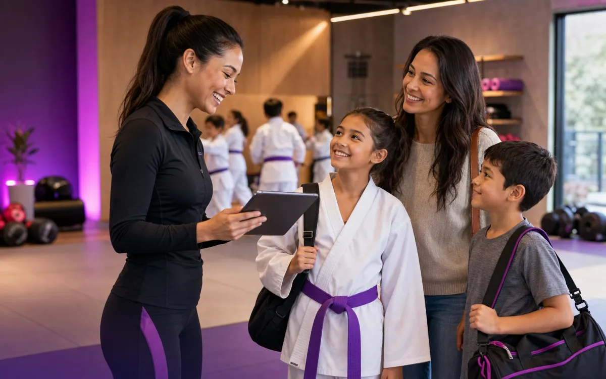 A martial-arts instructor welcoming a family and a young student in a karate uniform